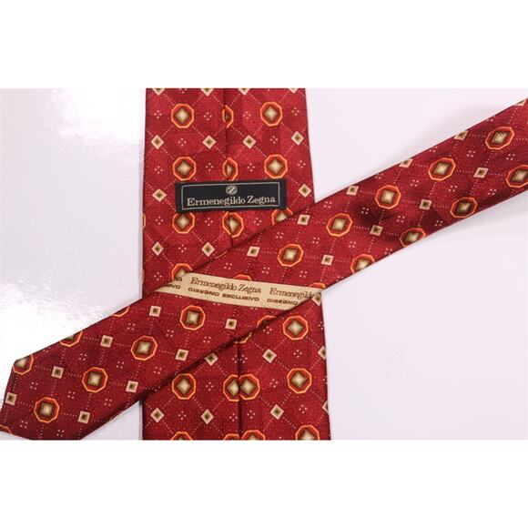 Ermenegildo Zegna Burgundy Red Geometric Print Silk Necktie Tie - Picture 5 of 5
